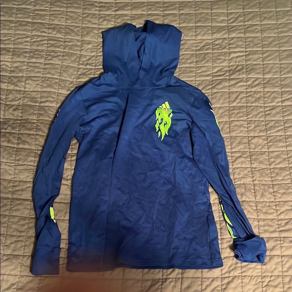 Adidas Boys Blue and Green Long Sleeve Hoodie Shirt Size: M